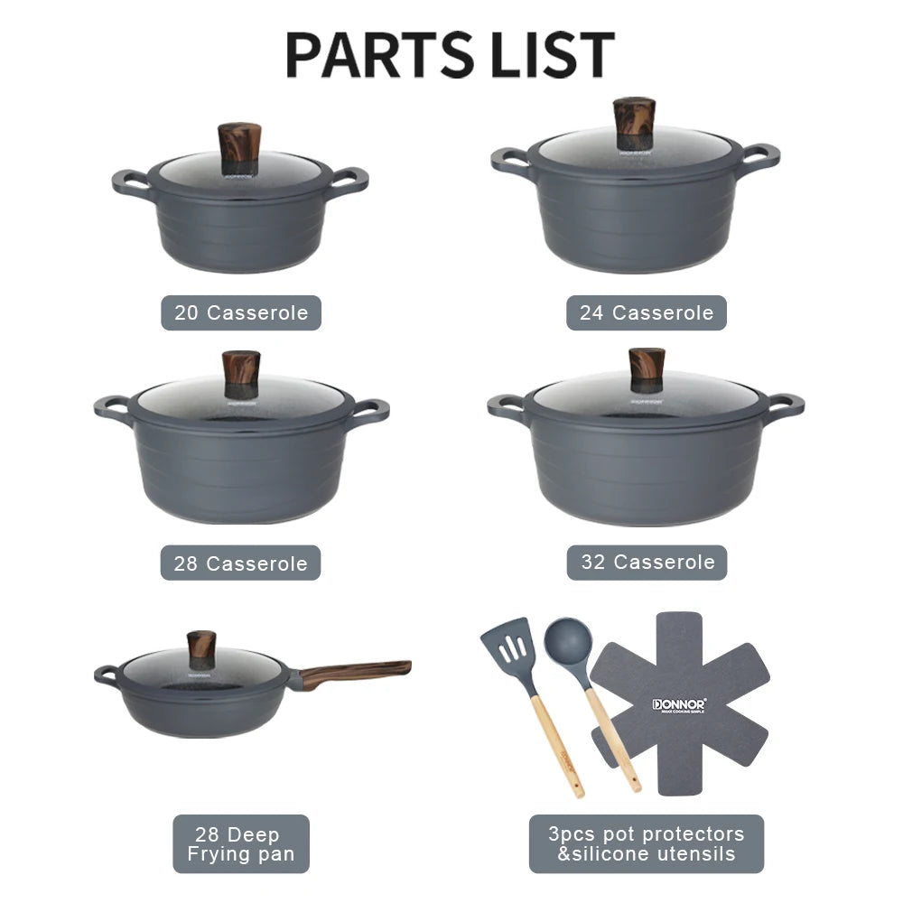 Donnor Set di pentole da 15 pezzi Set di pentole antiaderenti serie Wave Casseruola con rivestimento in granito Utensili da cucina senza fumo