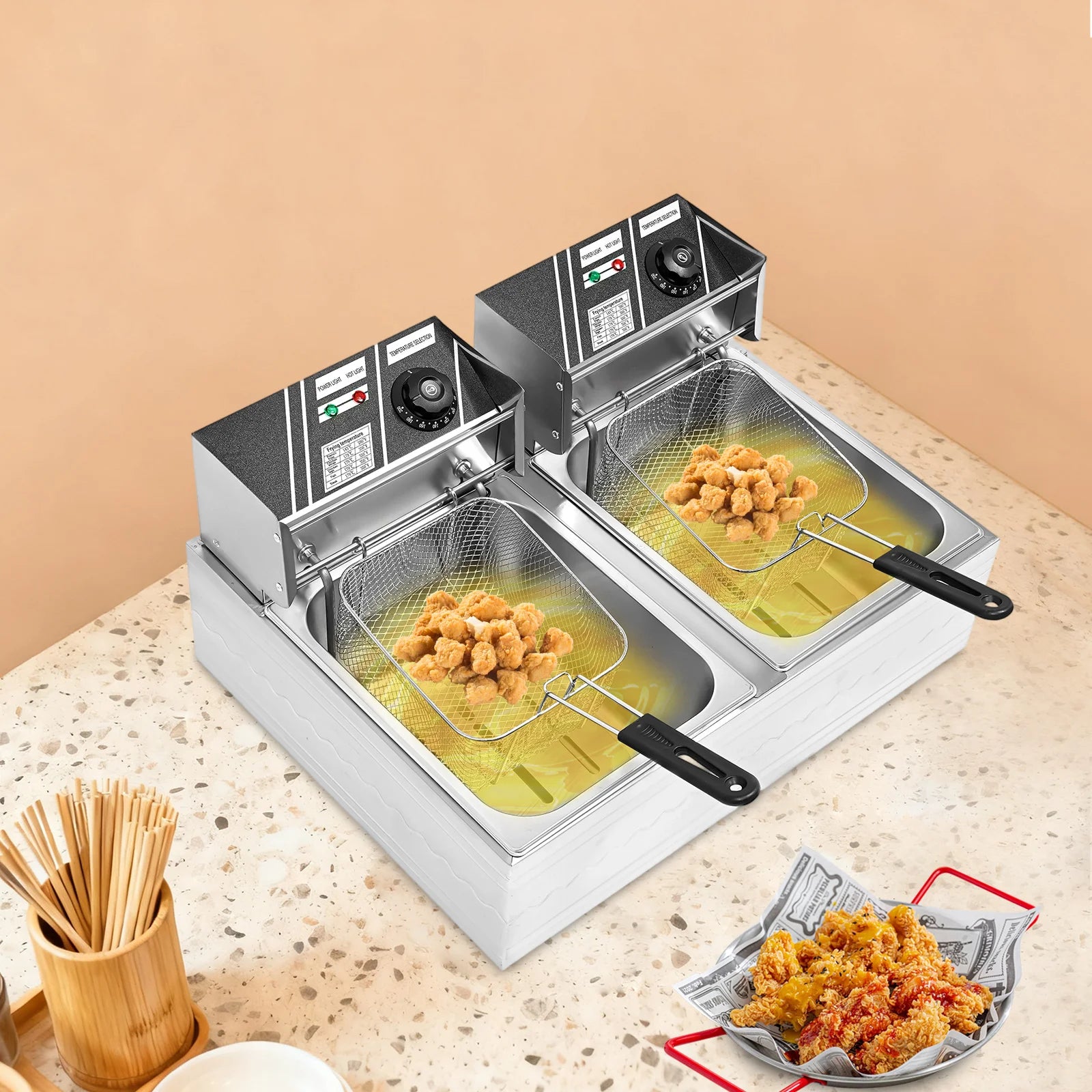 Friggitrice Elettrica a Doppia Vasca Bymaocar EF-82 2.5KW+2.5KW 30L Acciaio Inox 410
