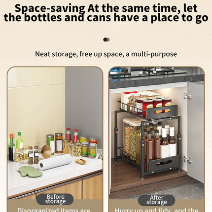 Pull-Out Cabinet Organizer, Carbon Steel Under-Sink Shelf, Sliding Drawer for Spices and Jars