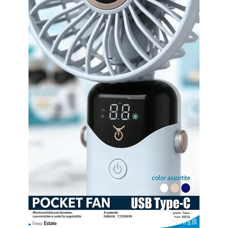 Tragbarer Mini-Ventilator, 3000mAh, faltbar, Tisch-, Outdoor-, Nacken-Ventilator, 5 Geschwindigkeiten, USB wiederaufladbar, mit Telefonhalter und Display