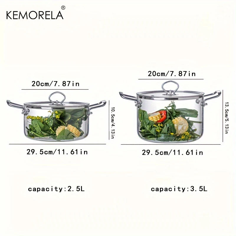 KEMORELA 1 STÜCK Glas Topf 2.5L/3.5L Hitzebeständiger Simmertopf Doppelgriff Töpfe mit Topfdeckel Borosilikatglas-Kochgeschirr