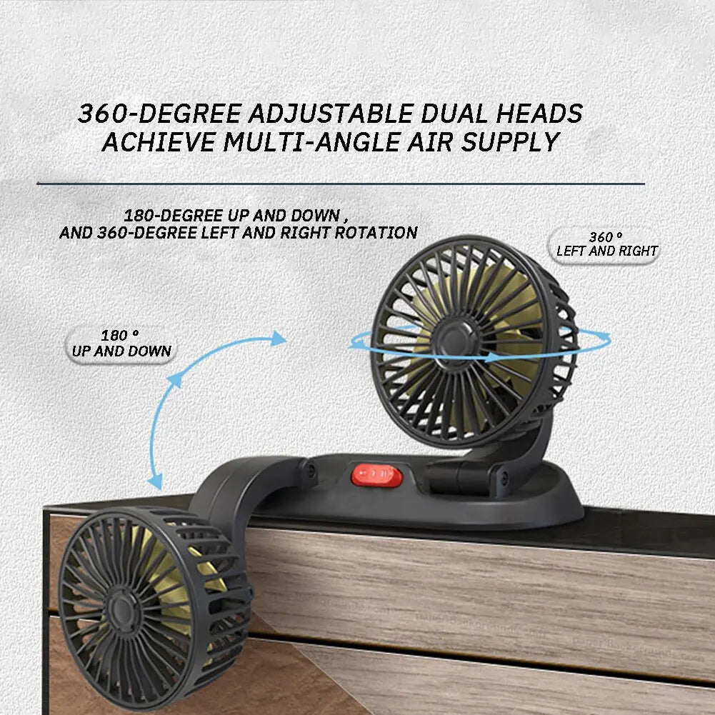 Ventilatore USB 5V, Ventilatore per Auto 12V a Doppia Testa, 2 Velocità Regolabili, Raffreddatore d'Aria Silenzioso per Interni Auto, Accessorio Essenziale per l'Estate