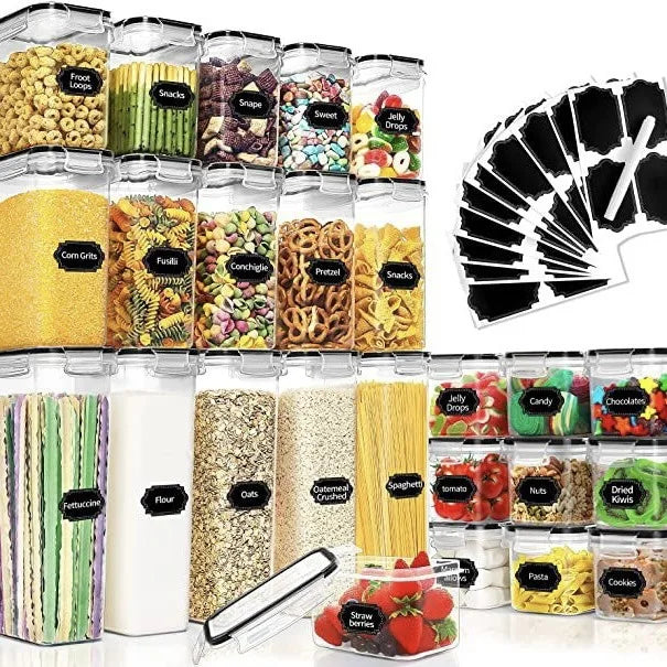 Set of 32 Airtight Food Storage Containers with Lids, BPA-Free Plastic Pantry Organizers, Leak-Proof Kitchen Containers for Cereal, Flour, Spices and Dry Food with Labels