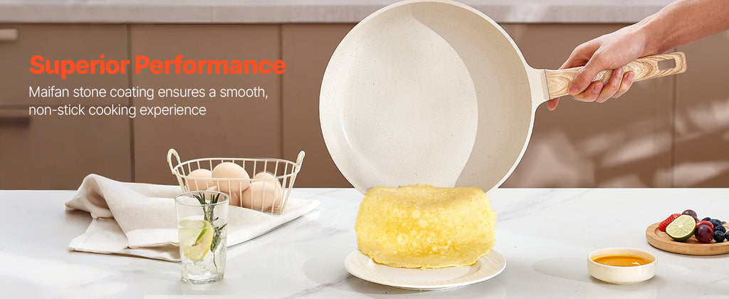 VEVOR Set di Pentole, Padelle Antiaderenti in Granito con Manico, Set di Pentole a Induzione da Cucina per Camper, con Frittura, Coperchi in Vetro Temperato, Bianco, 17 Pezzi