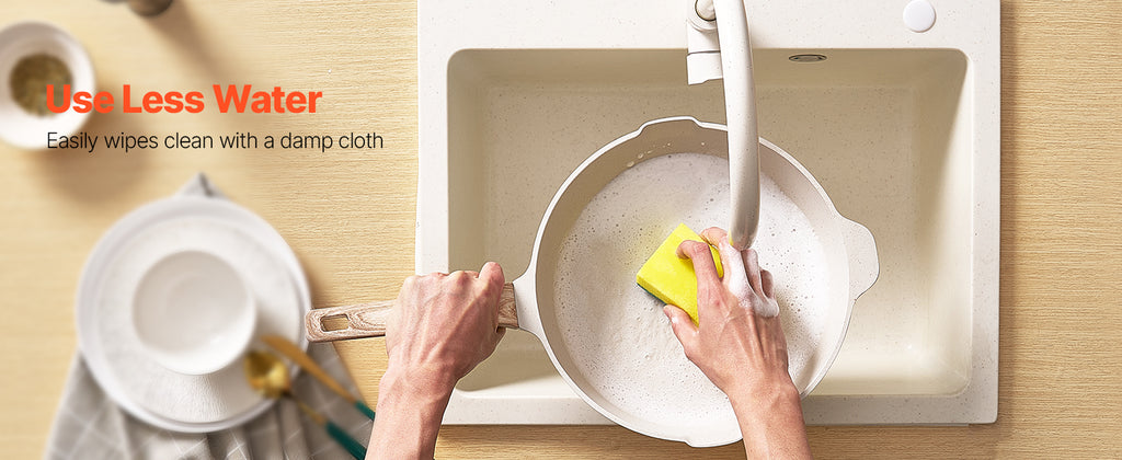 VEVOR Set di Pentole, Padelle Antiaderenti in Granito con Manico, Set di Pentole a Induzione da Cucina per Camper, con Frittura, Coperchi in Vetro Temperato, Bianco, 17 Pezzi