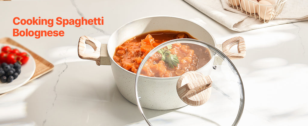 VEVOR Set di Pentole, Padelle Antiaderenti in Granito con Manico, Set di Pentole a Induzione da Cucina per Camper, con Frittura, Coperchi in Vetro Temperato, Bianco, 17 Pezzi