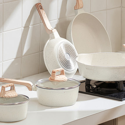 VEVOR Set di Pentole Antiaderenti in Granito con Manico, Set di Pentole a Induzione da Cucina per Camper, con Padella, Coperchi in Vetro Temperato, Bianco, 17 Pezzi