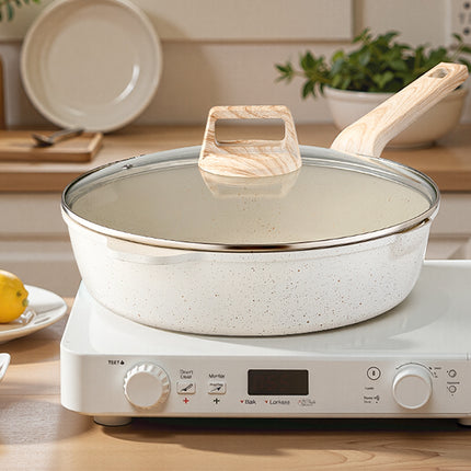 VEVOR Set di Pentole Antiaderenti in Granito con Manico, Set di Pentole a Induzione da Cucina per Camper, con Padella, Coperchi in Vetro Temperato, Bianco, 17 Pezzi