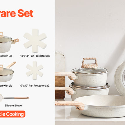 VEVOR Set di Pentole Antiaderenti in Granito con Manico, Set di Pentole a Induzione da Cucina per Camper, con Padella, Coperchi in Vetro Temperato, Bianco, 17 Pezzi