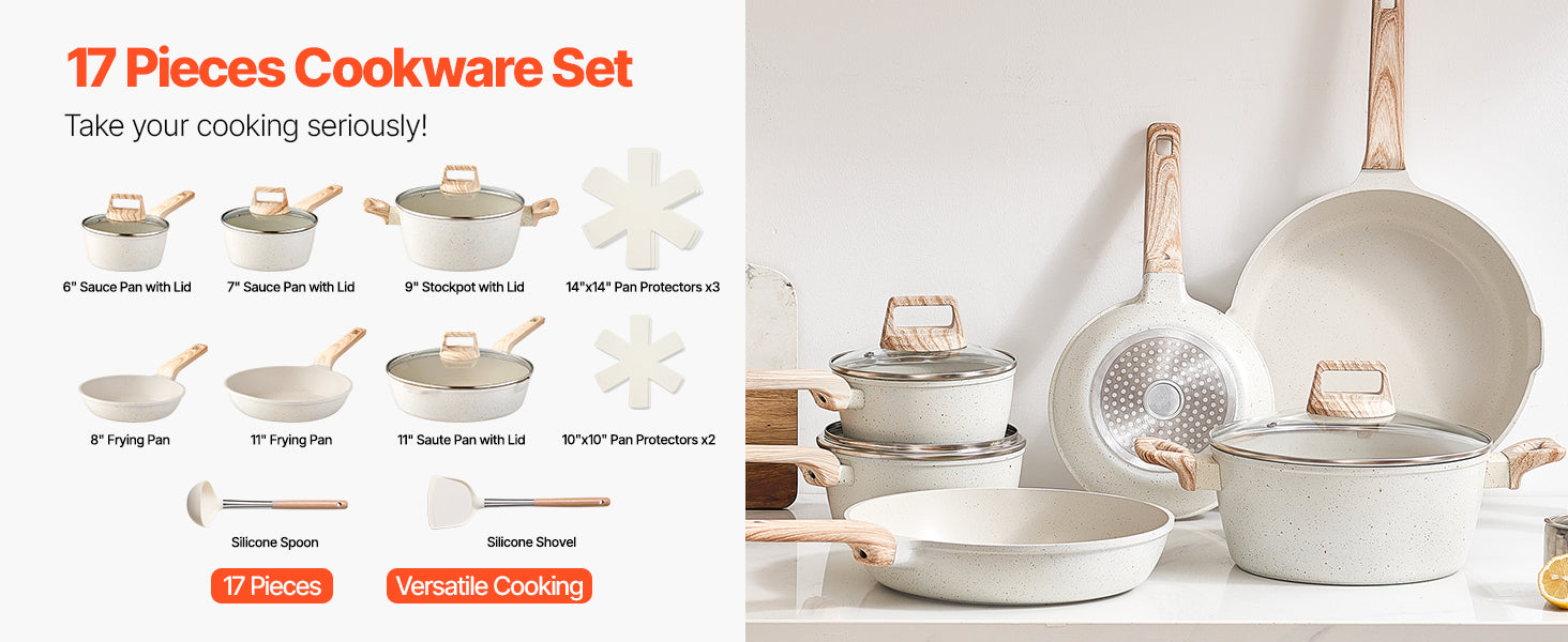 VEVOR Set di Pentole, Padelle Antiaderenti in Granito con Manico, Set di Pentole a Induzione da Cucina per Camper, con Frittura, Coperchi in Vetro Temperato, Bianco, 17 Pezzi