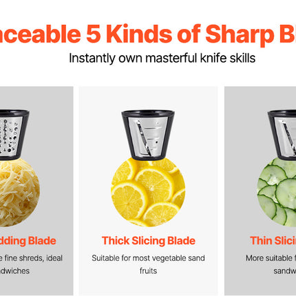 SucceBuy Electric Cheese and Salad Grater 200W, Electric Vegetable and Fruit Chopper with 5 Accessories