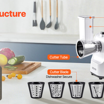 SucceBuy Electric Cheese and Salad Grater 200W, Electric Vegetable and Fruit Chopper with 5 Accessories